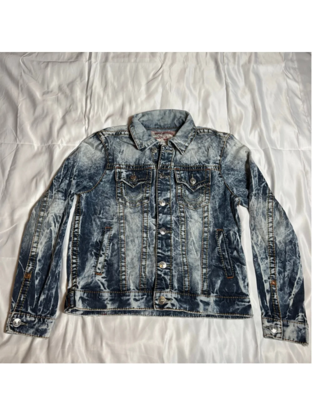 Men's True Religion Trucker Jacket M Blue White Acid Wash